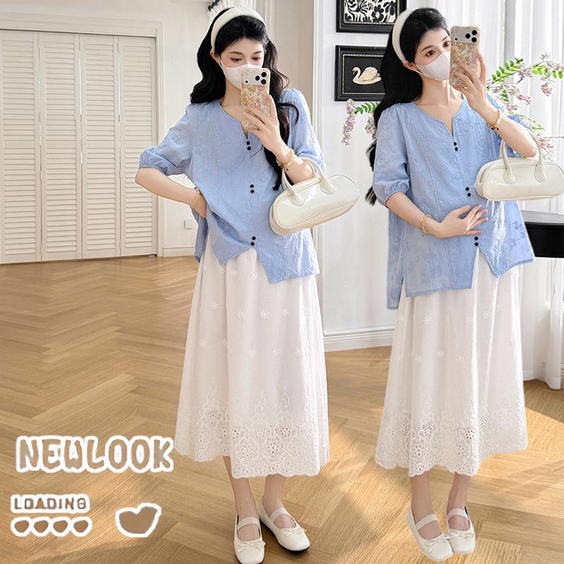 Summer 2026 Puff Sleeve V-Neck Shirt & Lace Skirt Set M