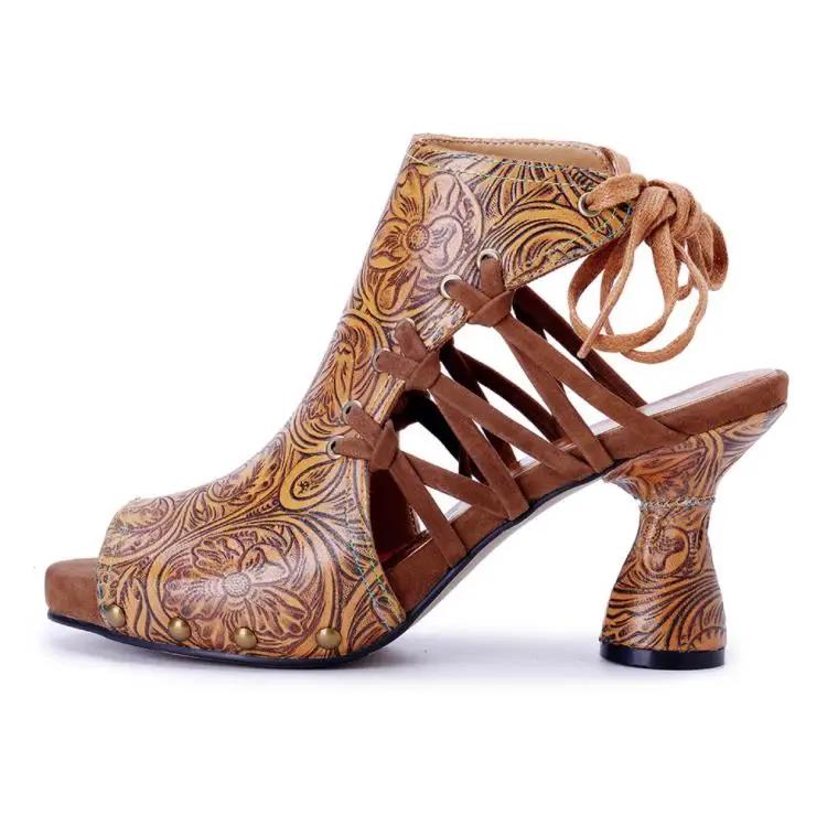 Fashion High Brand 7.7CM Sheepskin Leather Woman Ethnic Summer Chunky Heels Big Size Peep Toe Pumps Cross-tied Sandals Moccasins Shoes