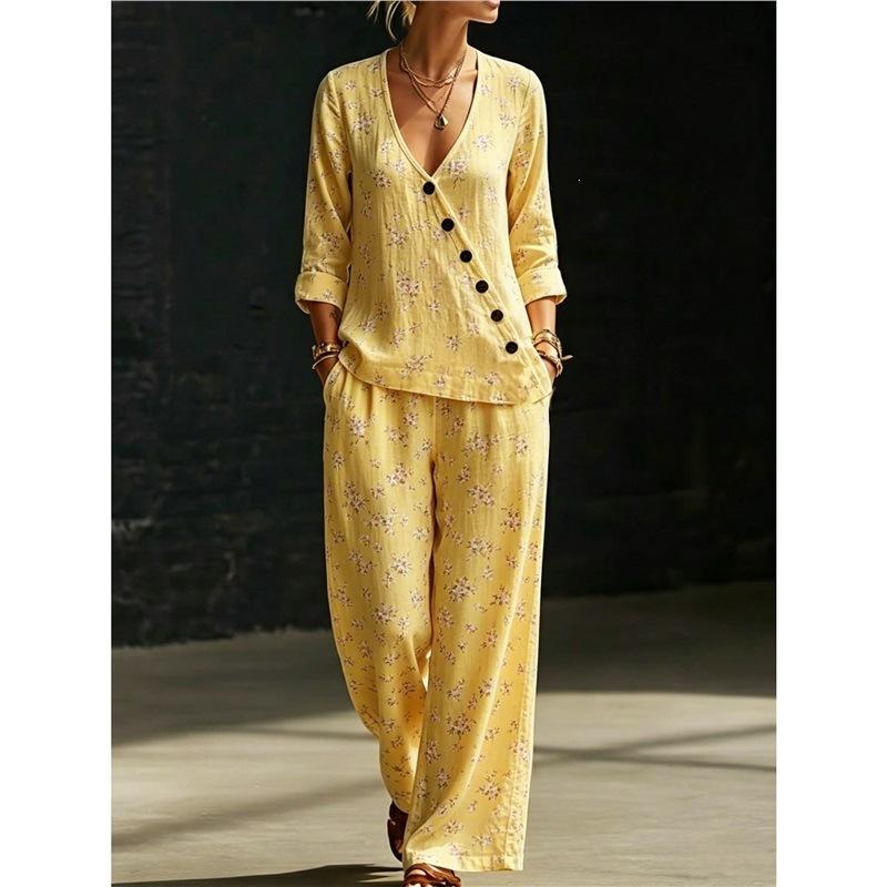 Summer new pink flamingo print V-neck diagonal shirt wide-leg pants two-piece set women's casual suit