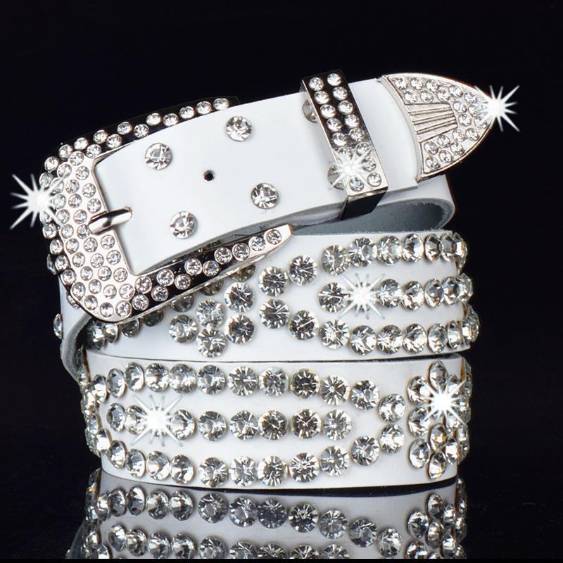 

Джинсы из натуральной кожи с ромбовидным ремнем и пряжкой-иглой, универсальный модный ремень из коровьей кожи, пояс со стразами, юбка 110cm белый