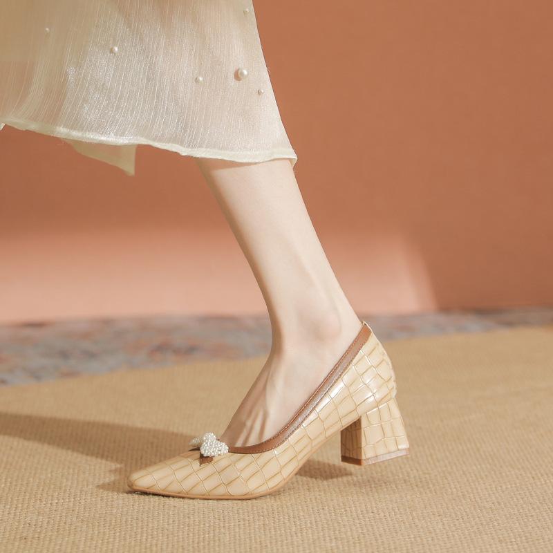 Stone pattern thick heel light mouth single shoes bow versatile women's shoes summer small square head not tired feet high heels