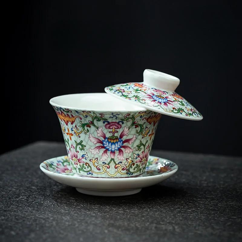 Palace Style Ceramic Gaiwan Enamel Colour with Cover Teacup Light Luxury Chinese Beauty Tea Infuser Home Tea Set Accessories
