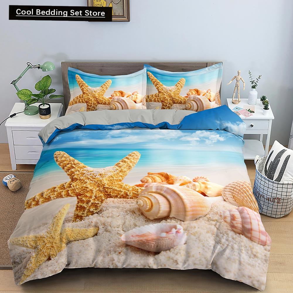 Blue Ocean King Queen Bettbezug Cartoon Seestern Muschel Bettwäscheset für Kind Teenager Erwachsene Meer Strand 2/3tlg. Polyester Bettdeckenbezug