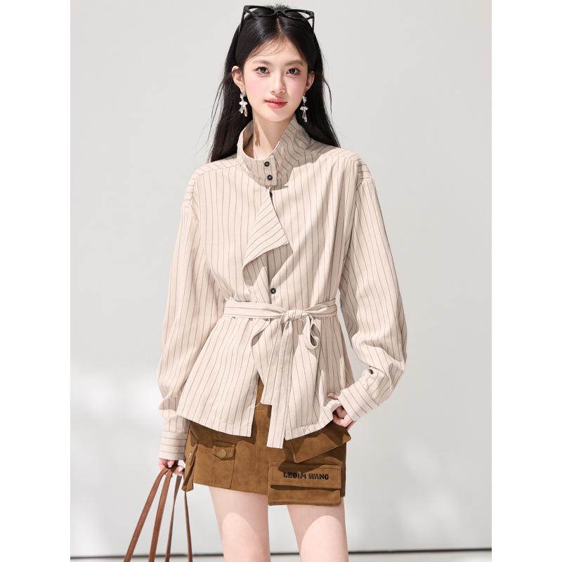 2026 Spring New Arrival: High-Intelligence Versatile Striped Lace-Up Shirt in Old Money Style