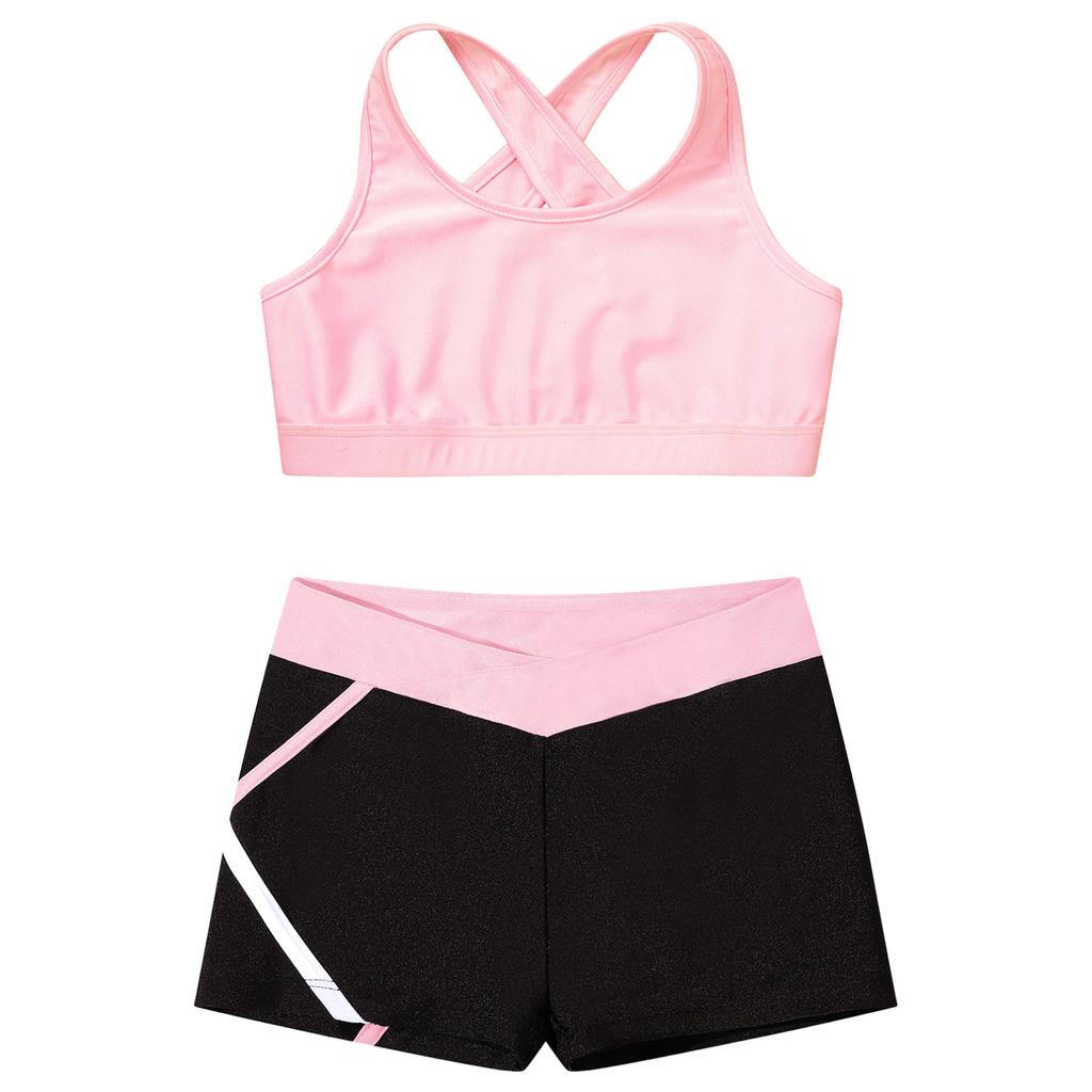 Ärmelloses Kinder-Mädchen-Crop-Top mit U-Ausschnitt und überkreuzten Schulterträgern hinten mit niedriger Taille, elastischen, seitlich gestreiften Shorts für das Lauftraining im Fitnessstudio