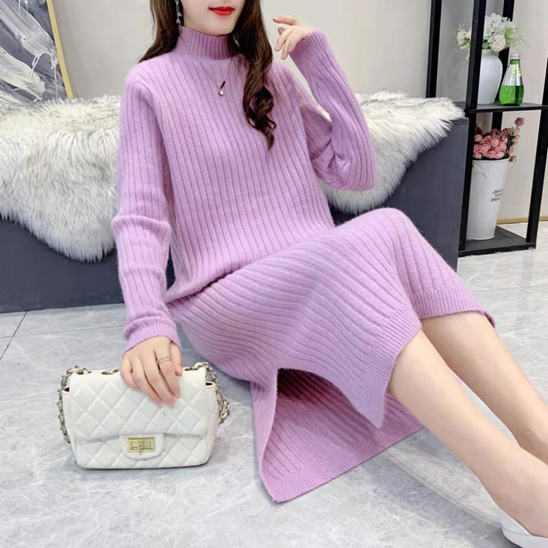 Autumn and Winter New Semi-turtleneck Knee-length Knitted Bottoming Shirt Fashion Loose Versatile Sweater Skirt Women's Clothing