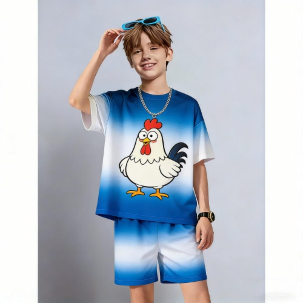 Men's Set Fun Cartoon Chicken Printed Men's T-shirt and Shorts 2 Piece Set Summer Casual Outdoor Men's and Women's Outfit Clothing