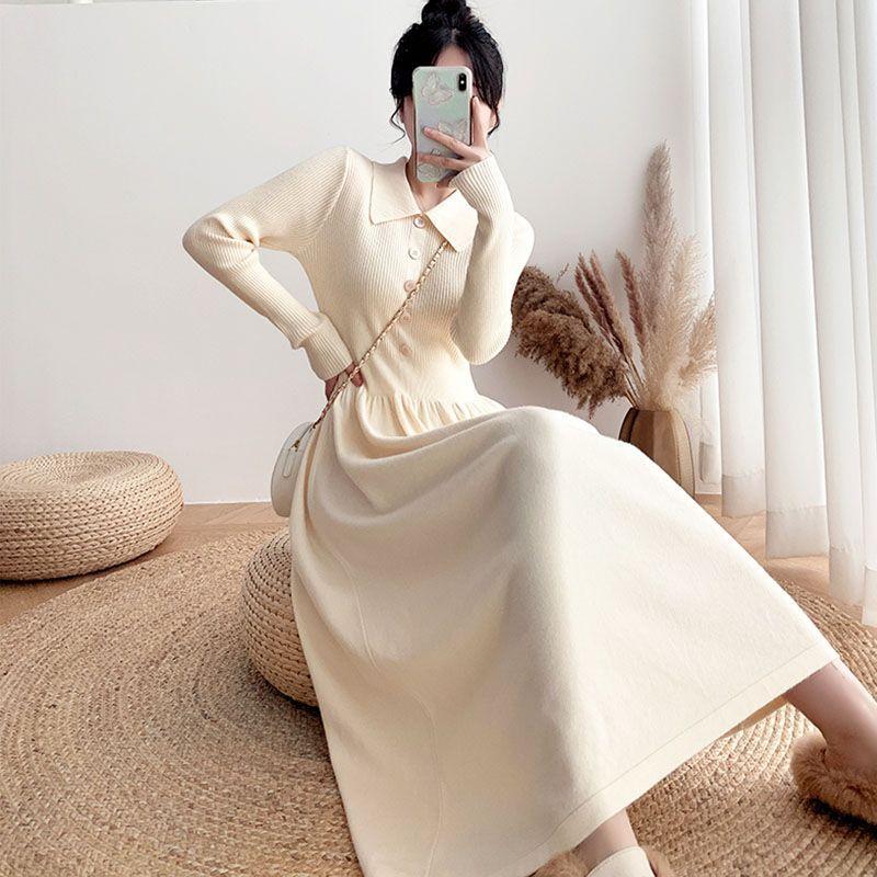 Mid-length Sweater Dress A Versatile Solid Color A-line Knitted Dress for Women Casual and Warm Pullover