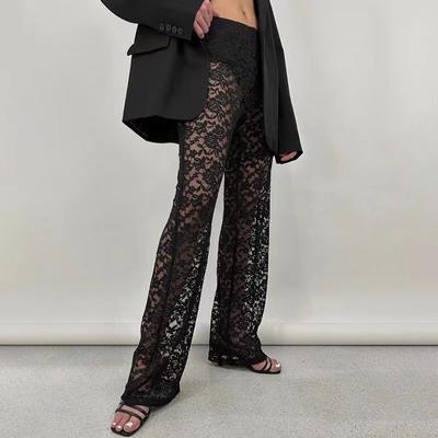 Seksi Kadın Şeffaf Dantel Pantolon Şeffaf Gotik Yüksek Bel Geniş Paça Pantolon Bayan Paça Pantolon Kulüp Sokak Giyim