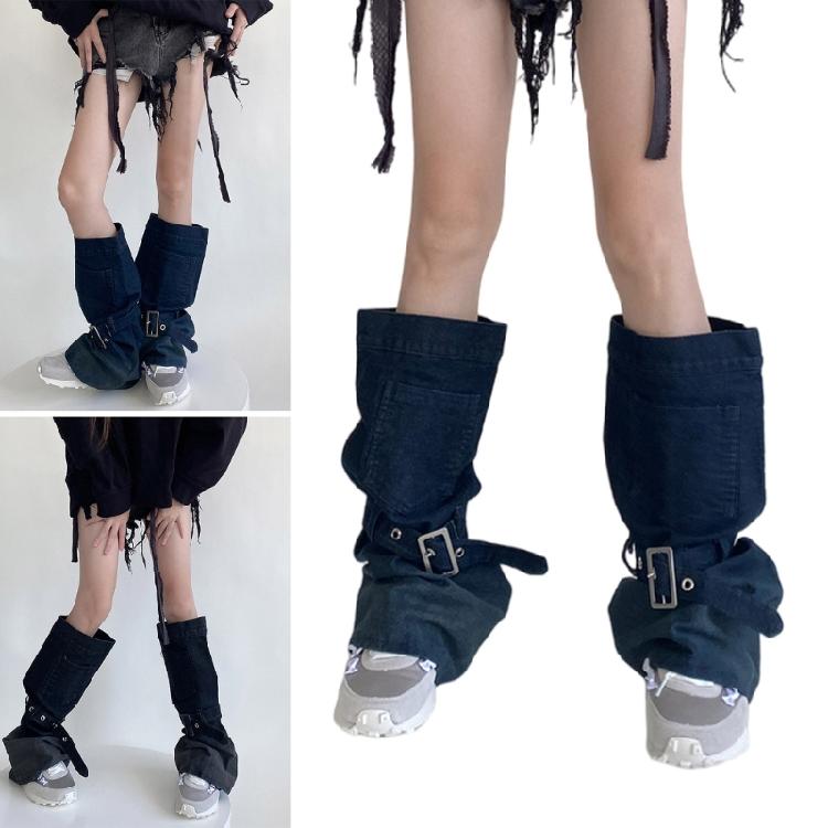 Women Japanese Punk Buckle Strap Leg Warmers Harajuku Aesthetic Streetwear Baggy Loose Denims Leg Sleeve Foot Covers