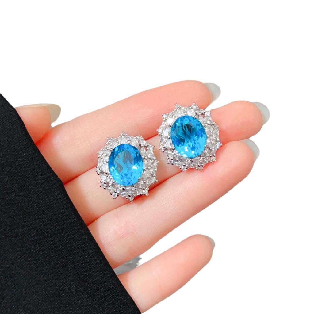 The Legend of the Blue Sea Aquamarine Pendant Necklace and Gem Ear Stud Set for Women