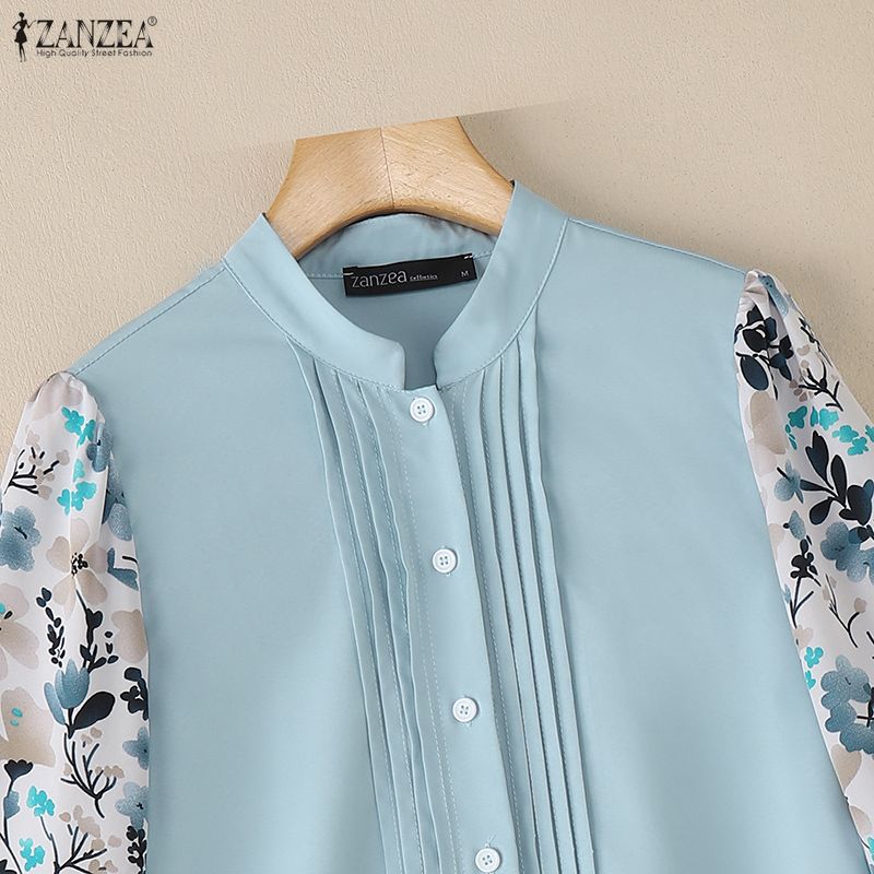 ZANZEA Women Floral Print Splice 3/4 Sleeve Loose Casual Blouse