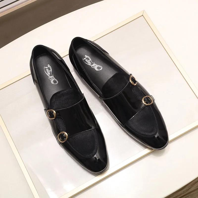 FELIX CHU Men's Patent Leather Monk Strap Dress Shoes Wedding Loafers Horse Hair Detail Casual Formal Party Gentlemen Footwear