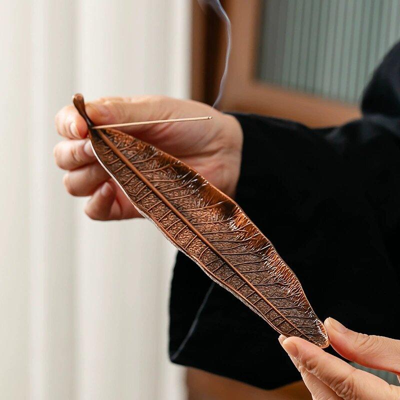 Portaincenso a Foglia Lunga per Bastoncini di Palo Santo Raccogli Cenere in Metallo Bruciatore Censer Accessori Arredo Casa Meditazione Yoga