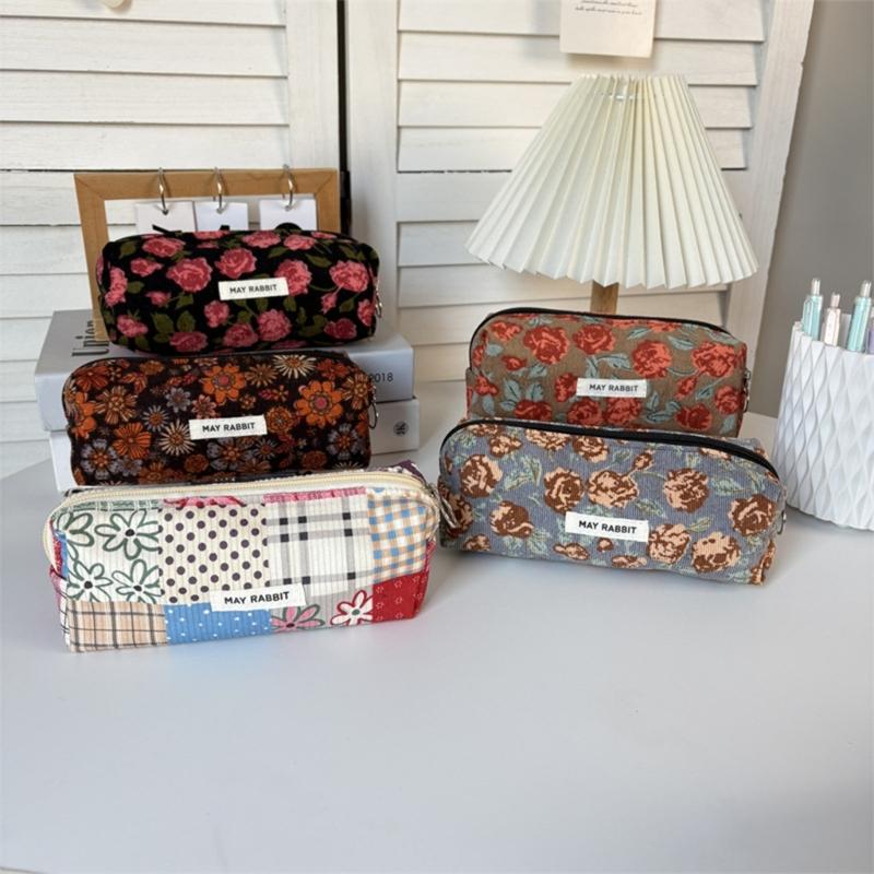 Corduroy Pencil Pouch With Spacious Compartment Student Organizer Washable Cosmetic Bag For Daily Use