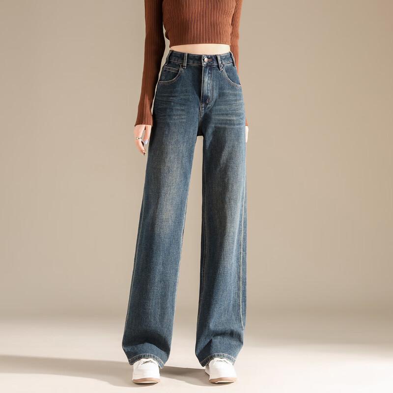 RAIN.CUN Women s High-Waist Plus Velvet Straight-Leg Jeans 30