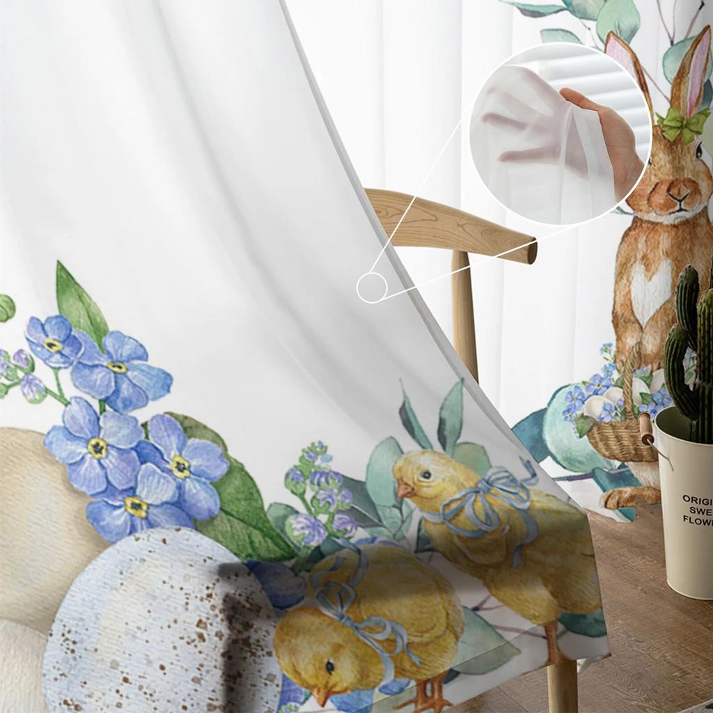 Transparente Vorhänge mit Osterhasen-Eier-Eukalyptus-Blumen für Wohnzimmer, Schlafzimmer, Kinderzimmer, Tüll-Fenstervorhänge