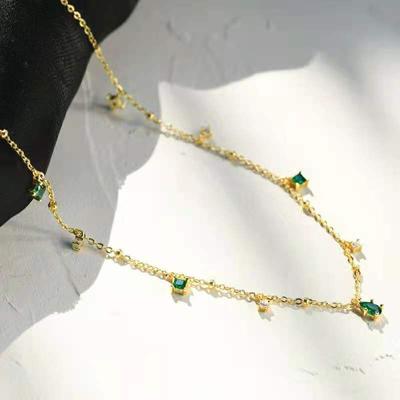 New 925 Sterling Silver Necklace with Multiple Green Zircon Choker Simple and Versatile Clavicle Chain Ladies Fashion Jewelry