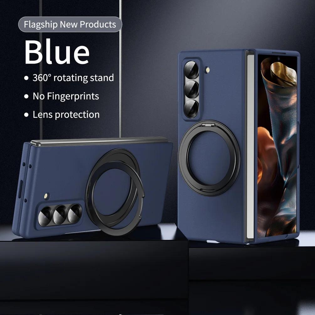 

Роскошный вращающийся металлический магнитный держатель Чехол для телефона для Samsung Z Fold 7 6 5 4 3 Закаленное стекло Ударопрочная защитная крышка Galaxy Z Fold3 5G синий