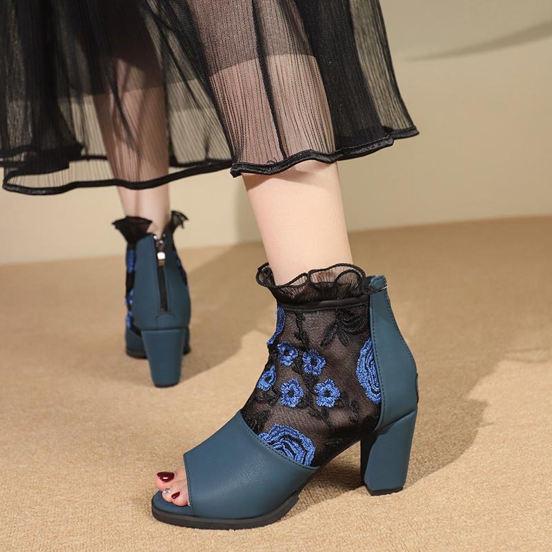 Fashion Stitched Embroidery Mesh High Heels Summer New Round Head Open Toe Back Zipper Anti-slip Wear-resistant Thick Heels
