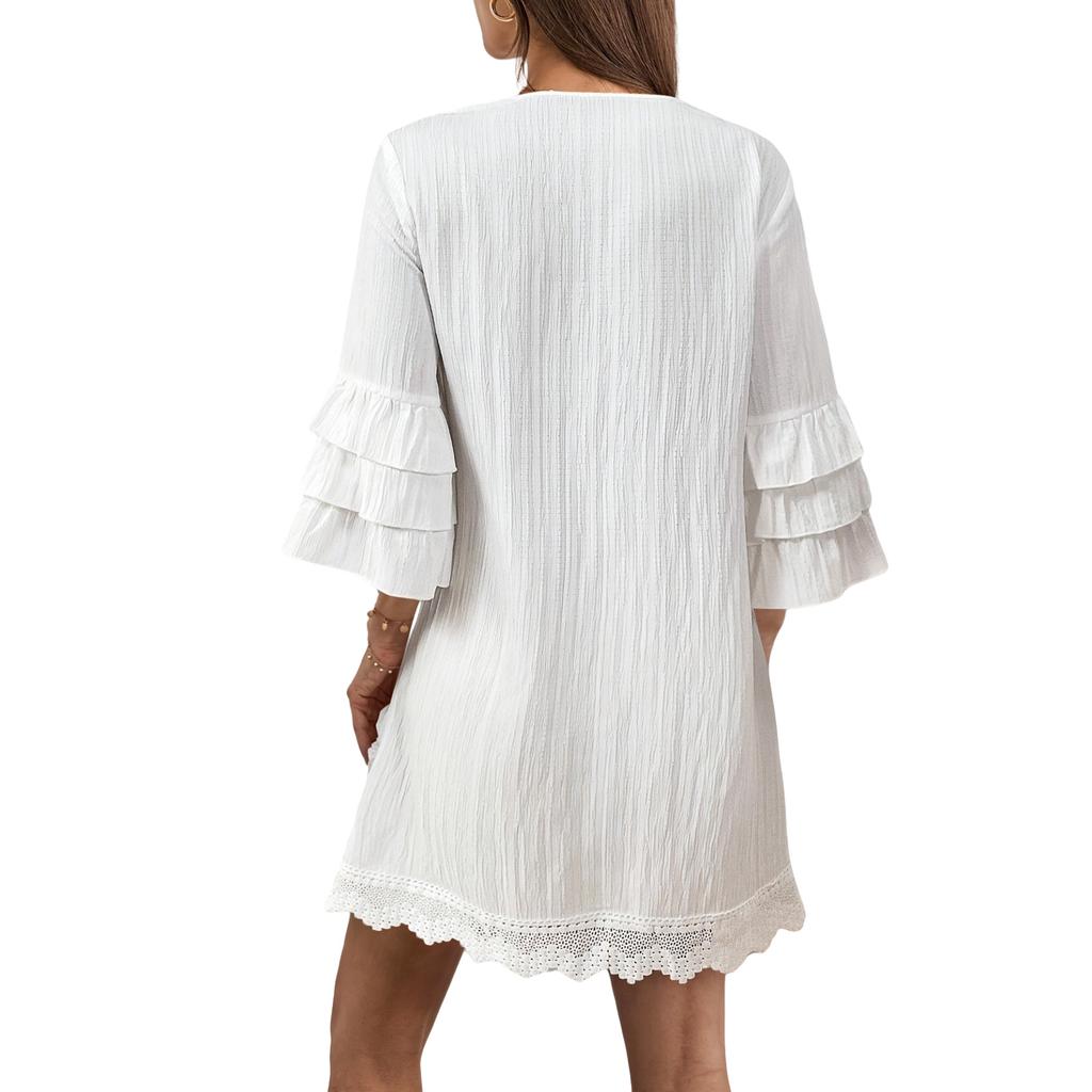 Color Pompom Tassel Solid Color Lotus Leaf Sleeve Lace Casual Bohemian Dress Women