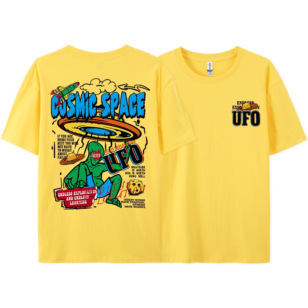 Summer Men's Letter UFO Alien Print Round Neck Short Sleeved Street Casual 100% Pure Cotton Hip-hop Loose T-shirt