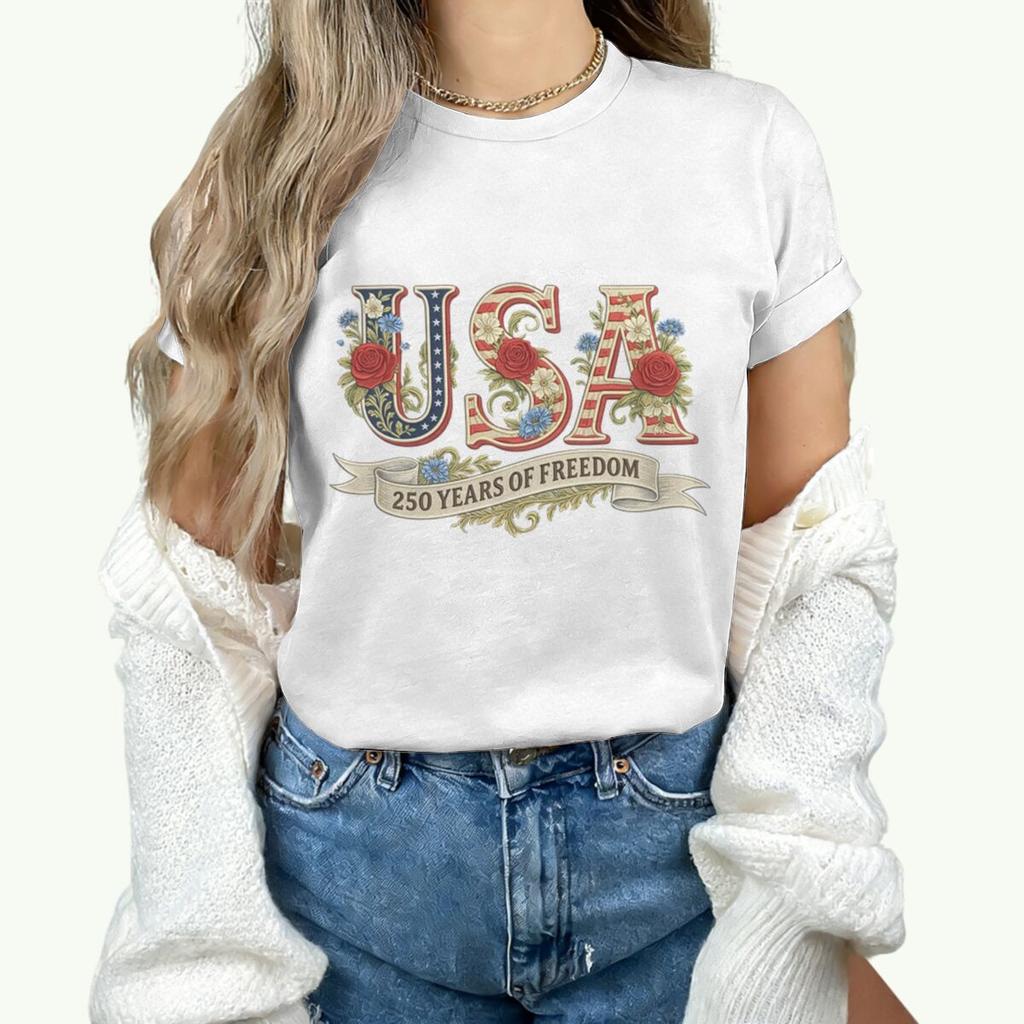 Causal 250th Anniversary Floral USA T-Shirt Women Retro Patriotic Rose Daisy Flowers Tee Fashion Independence Day 2026 Shirt