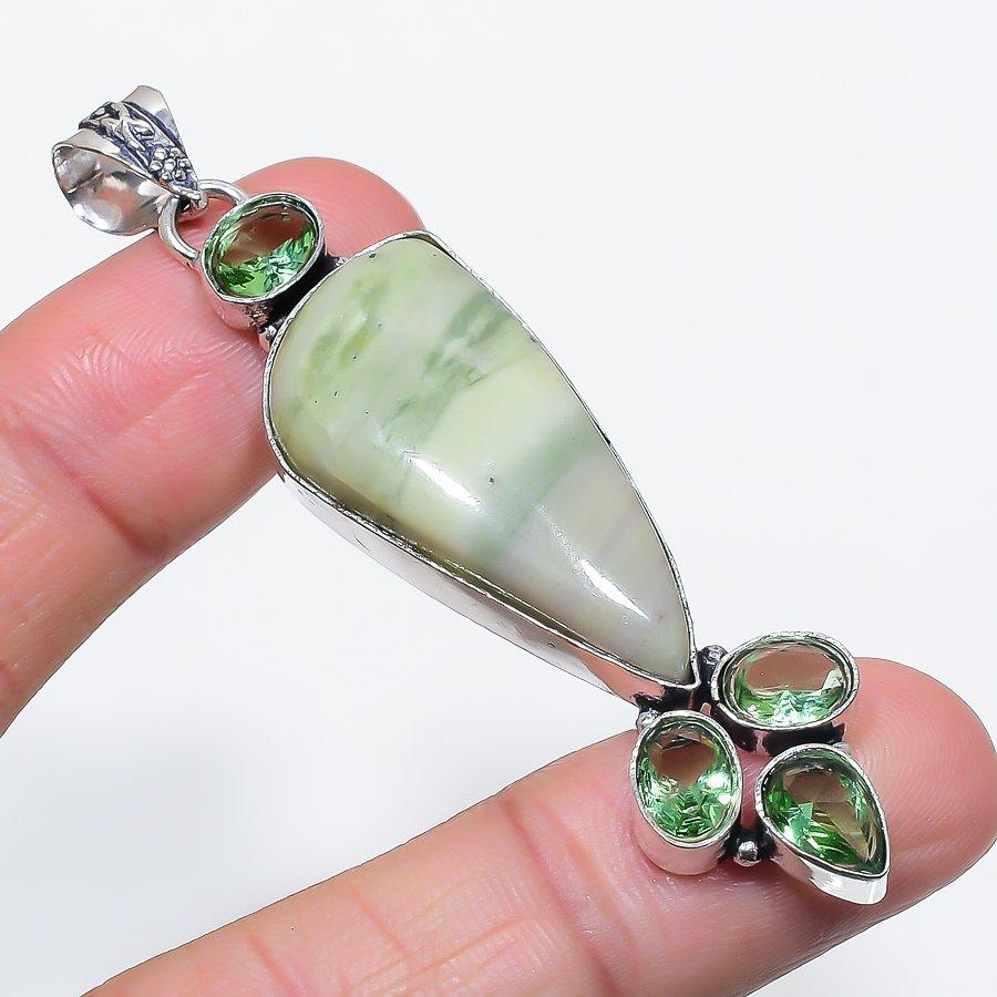 Natural Swiss Green Opal, Tsavorite 925 Sterling Silver Pendant 2.96" V7Q55