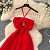 Seaside Vacation Wind Super Fairy Pendulum Red Beach Dress Women's French Sweet Neck Suspender Dress