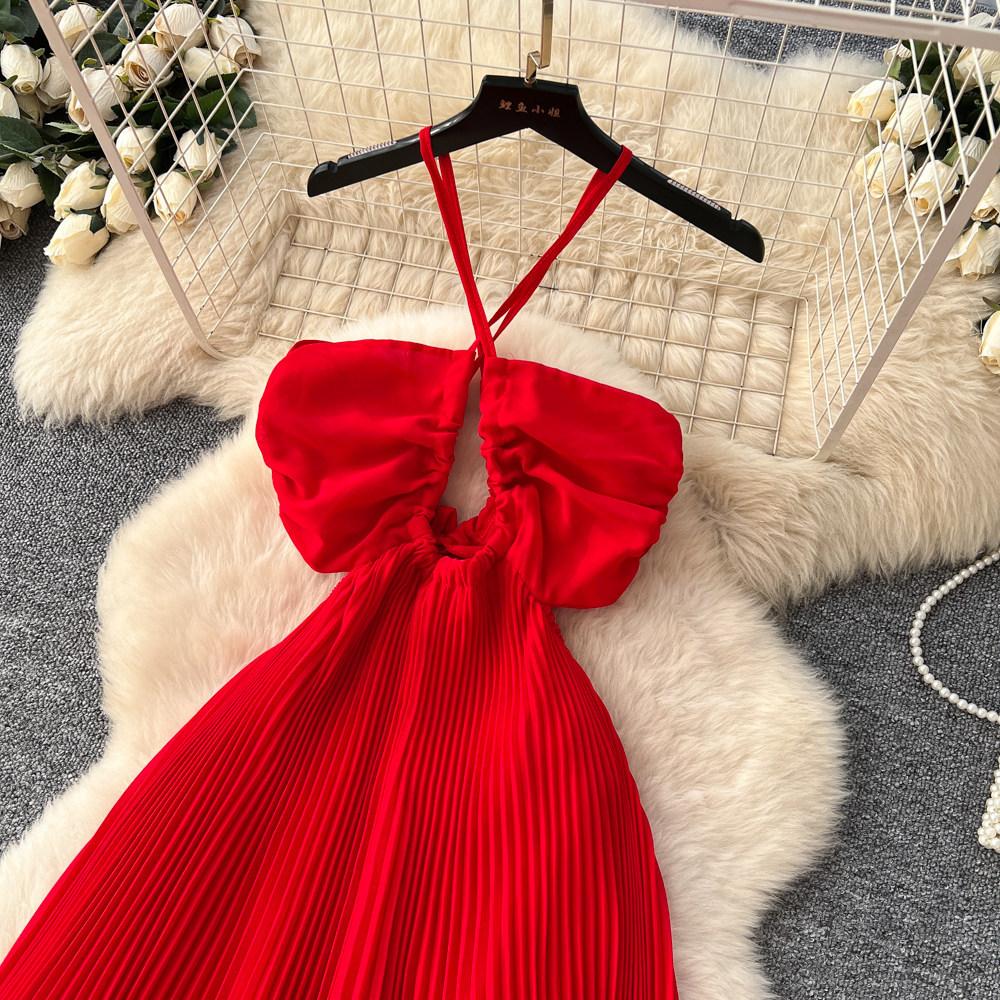 Seaside Vacation Wind Super Fairy Pendulum Red Beach Dress Women's French Sweet Neck Suspender Dress