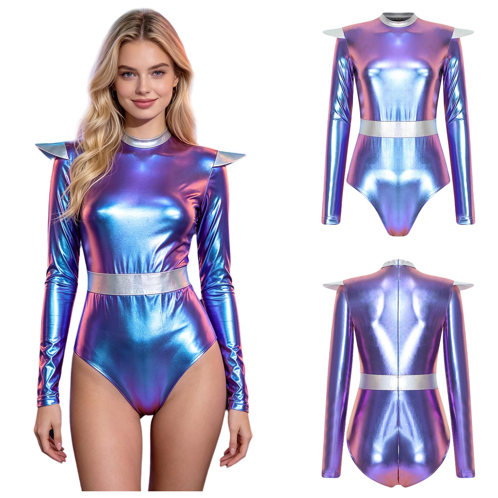 Alien Cosplay Leotard Damen Metallic Colorblock Rollkragen Langarm Unsichtbarer Reißverschluss Hinten Body für Bühnenauftritt Party S blau