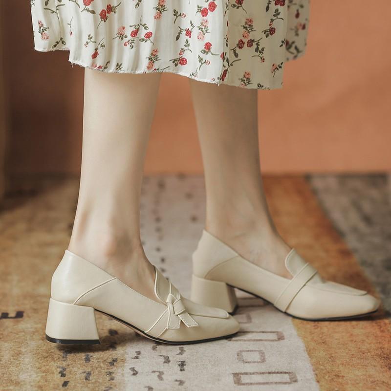 British Style Small Leather Shoes Women's 2024 Spring and Autumn New Versatile Medium Heel Professional Work High Heels Thick Heel Loafers