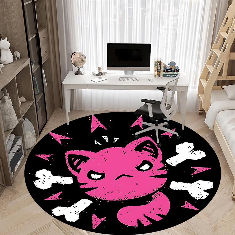 1pc Pink Cat Pattern Carpet, Round Non Slip Durable Large Size Office Carpet, Suitable for Office