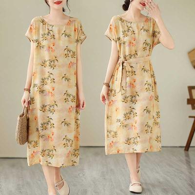 Vestidos de Verão Estilo Étnico Soltos com Cinto Estampados Slim de Comprimento Médio