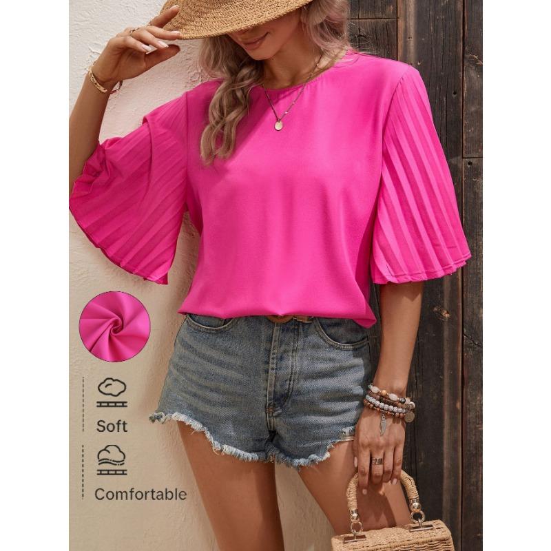 

Женская весна-лето повседневная мода однотонный круглый вырез рукав пять точек свободный топ XL роза розовый