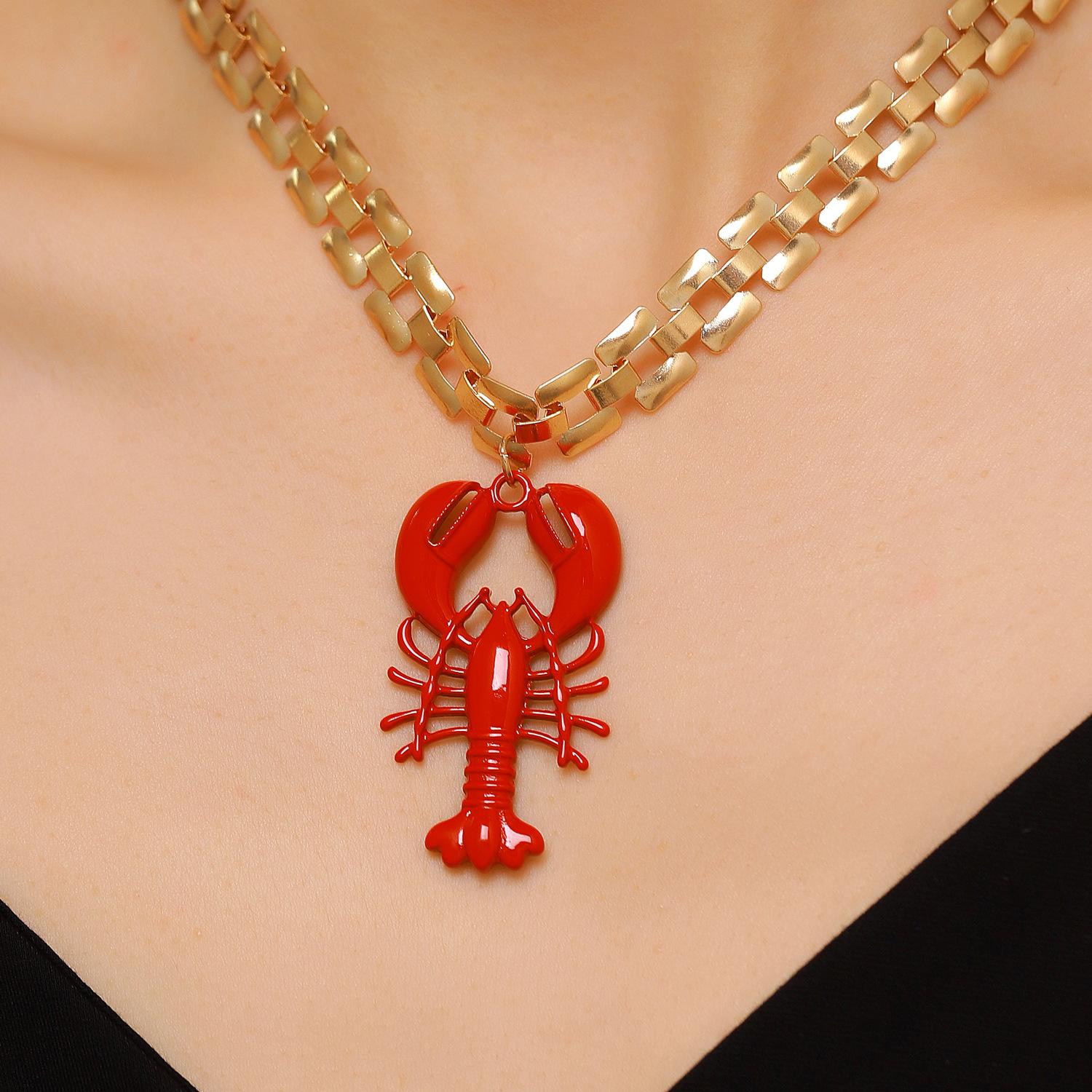 Bold Red Lobster Pendant Necklace for Women Chunky Gold Tone Chain Statement Necklace