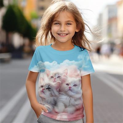 Cartoon Cat Baby Girl T-Shirt Summer Casual  Short Sleeve 3d Printed Fun Girls' Children's Clothing T-Shirt