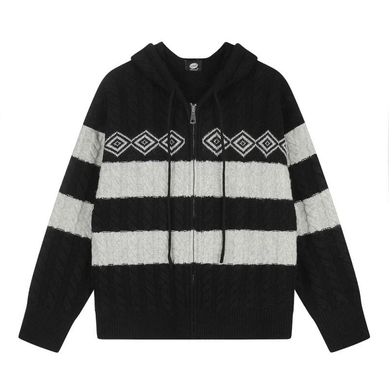 Mens Striped Color Block Hooded Cardigan Sweatshirt Loose Casual Knit Jacket