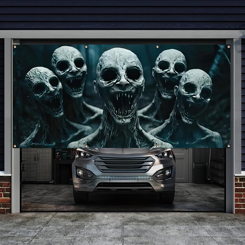 Halloween garage door banner decoration creepy forest and screaming skull design polyester for holiday outdoor walls