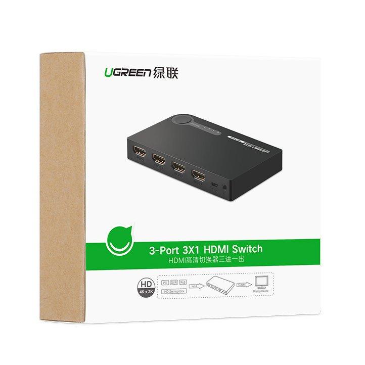 Ugreen 3-Port HDMI Switch Splitter - 4K 3D, 7.5 Gbps Speed, 36-bit Color Depth, Black (Model 40234)
