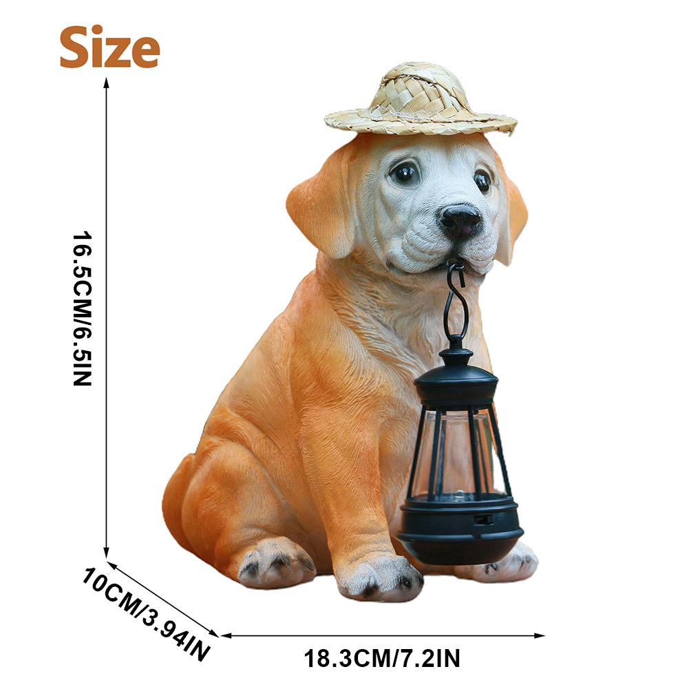 Resin Garden Dog Statues with Straw Hat and Solar LED Lantern Adorable Dog Figurines Puppy Decorations for Yard Patio Lawn Porch