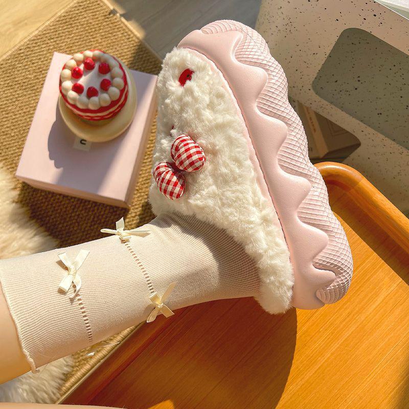 Damen Winter Baumwollpantoffeln mit dicker Sohle: Süße Schleife, Flauschig, Warm, Rutschfest, Höhenverstärkend