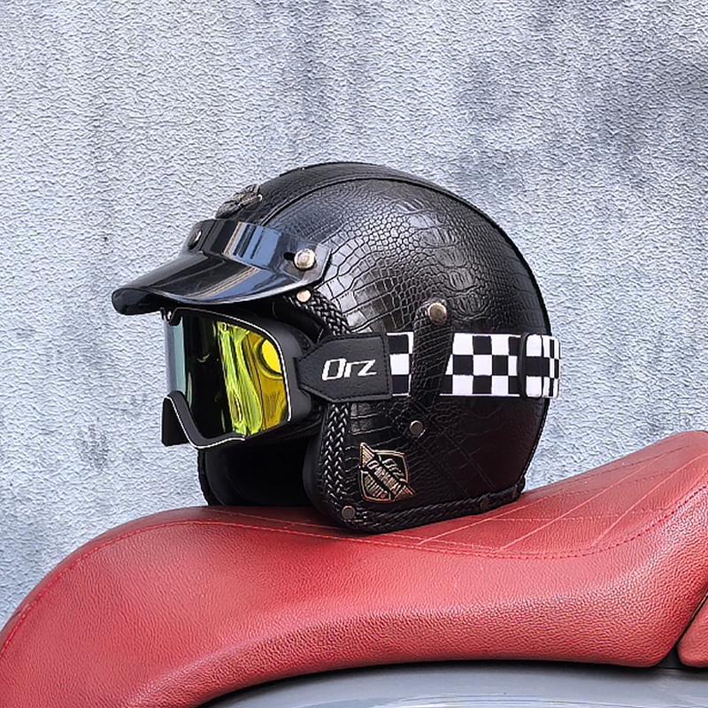 Retro Motorcycle Helmet PU Leather Open 3/4 Chopper Bicycle Helmet CapacetDOT Certification