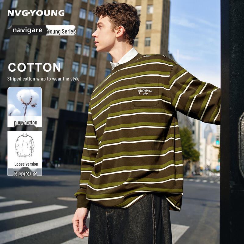 NVG·YOUNG Men s 100% Cotton Striped Long Sleeve T-Shirt M