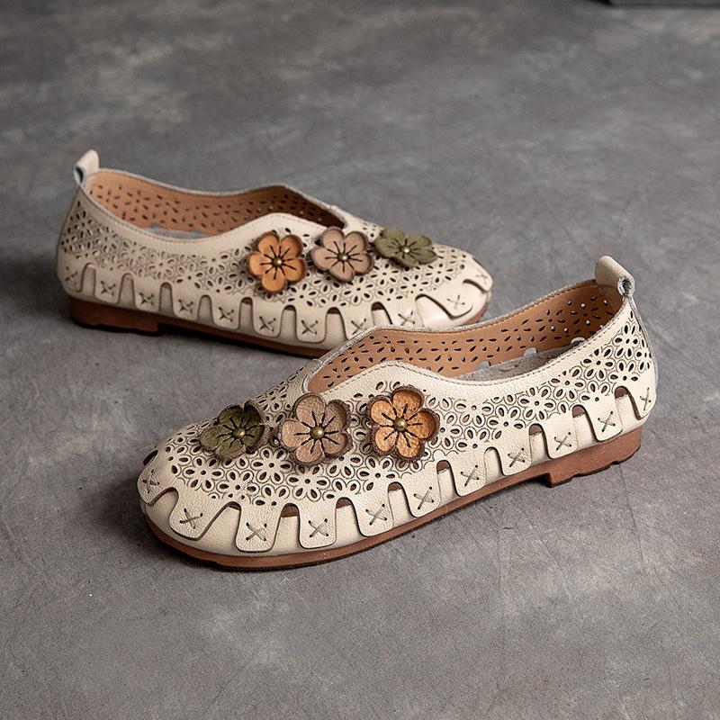 Fashion GKTINOO Women Loafers Genuine Leather Slip on Flowers Handmade Sneakers Ladies Shoes Comfy Fashion Summer Sandals Hollow Flats