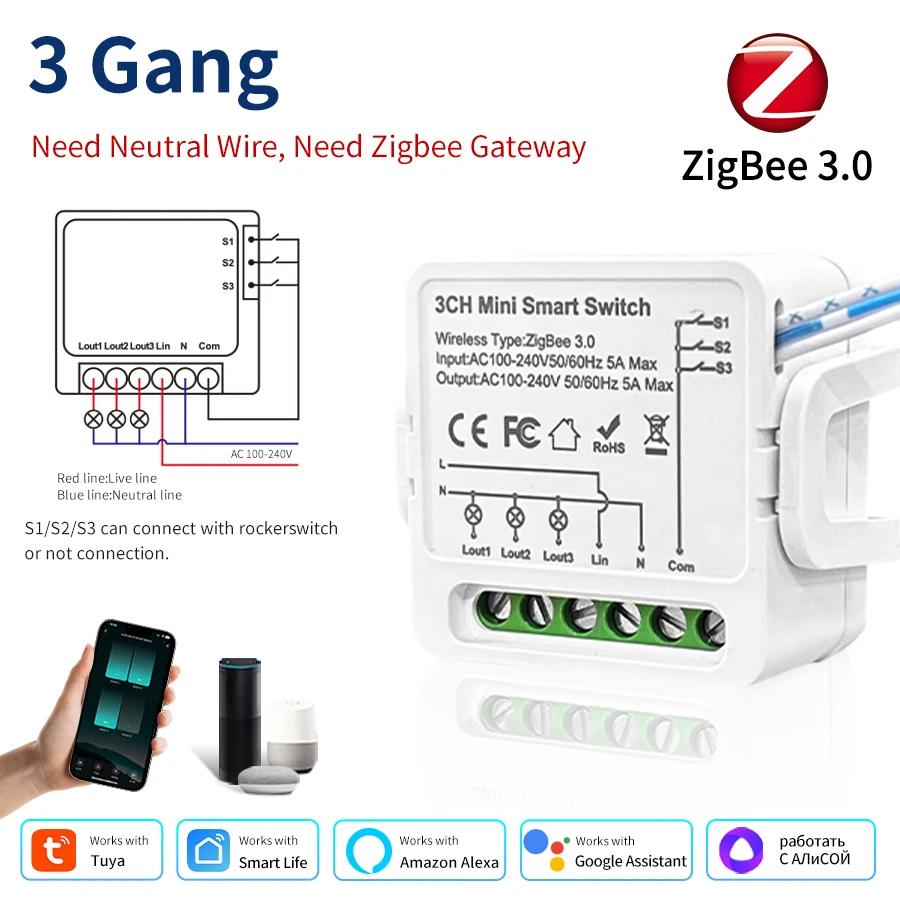 Tuya Zigbee 3.0 Smart Switch Module DIY Breaker Relay 1/2/3 Gang Light Switch Voice Control With Alexa Google Home Assistant