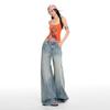 Spring Summer Light Blue High Street Design Drape Wide Leg Denim Pants For Women Casual Pants Oversize Denim Trousers