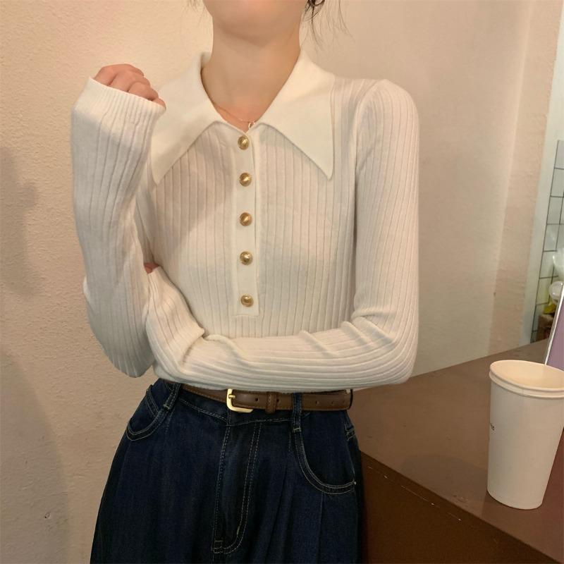 Herbst- und Winter-Polokragen Rippstrickpullover Damen Hochwertige Metallschnalle Innenoberteil Temperament Vielseitig Unterzieher Strickpullover Trend