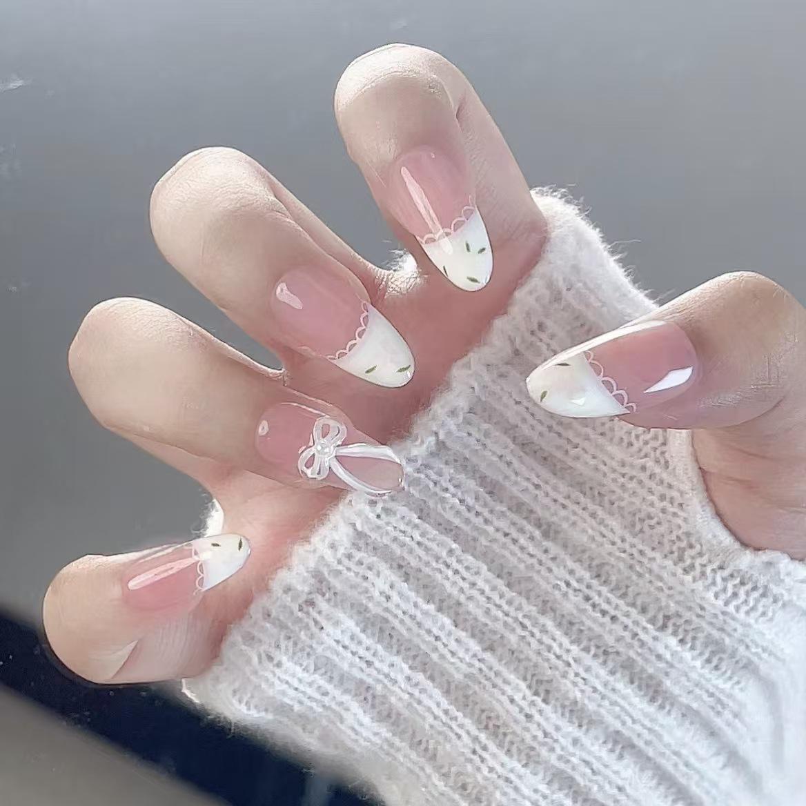 Handmade French Cream Lace & Bow Nail Stickers Large