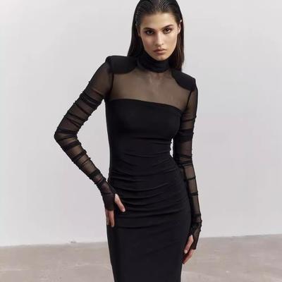 Damen Herbstmode Temperament Halbhoher Hals Gaze Patchwork Schlankes Kleid